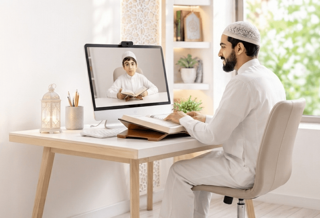 Child learning Quran online with a qualified teacher